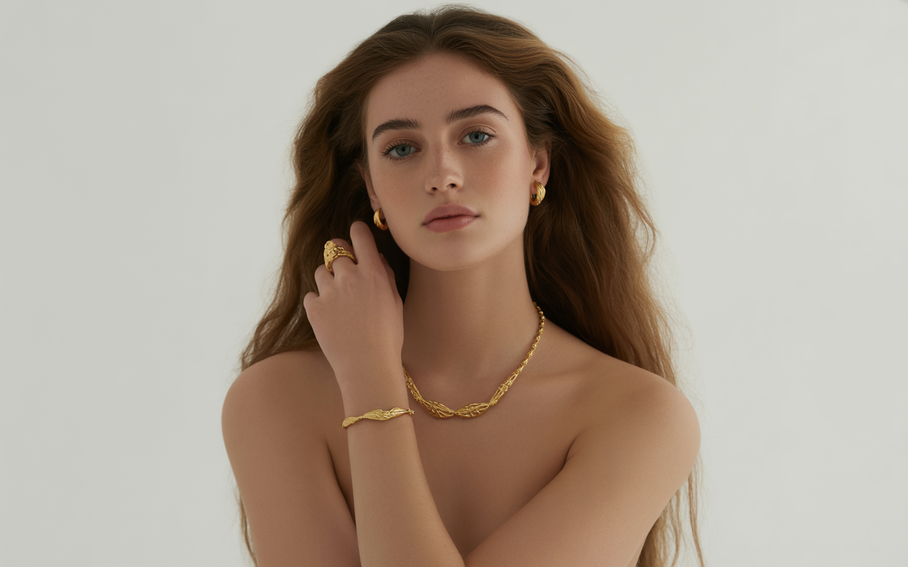 Model wearing durable 18k PVD gold plated jewelry, including hypoallergenic necklaces and bracelets, from the GlamBodyCandy collection