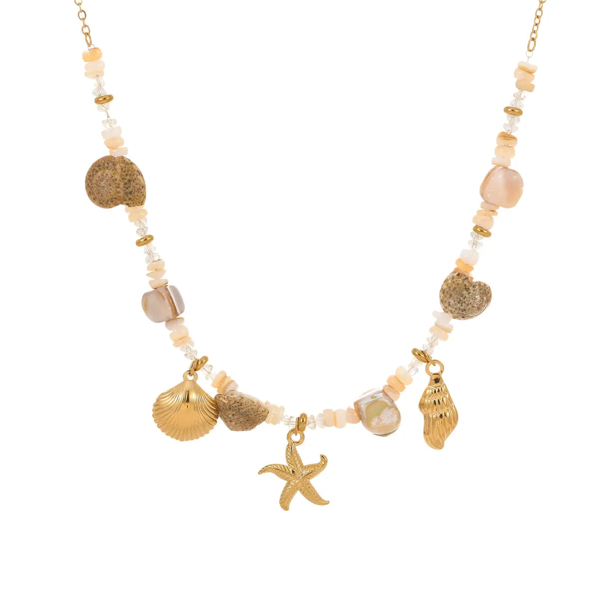 Studio shot of an 18K gold plated bohemian necklace featuring irregular beads and a central starfish charm, isolated on white
