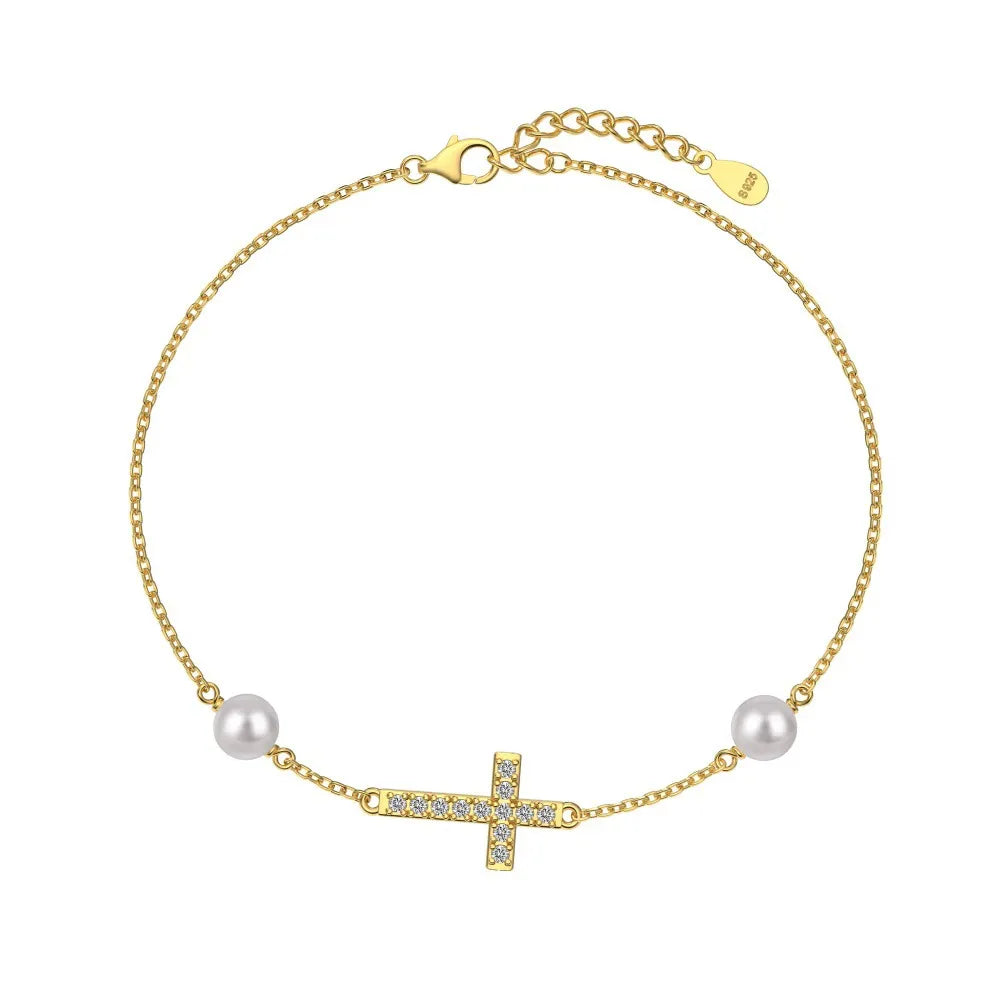 Front view of 18K gold plated S925 bracelet featuring a sideways cross and freshwater pearls.