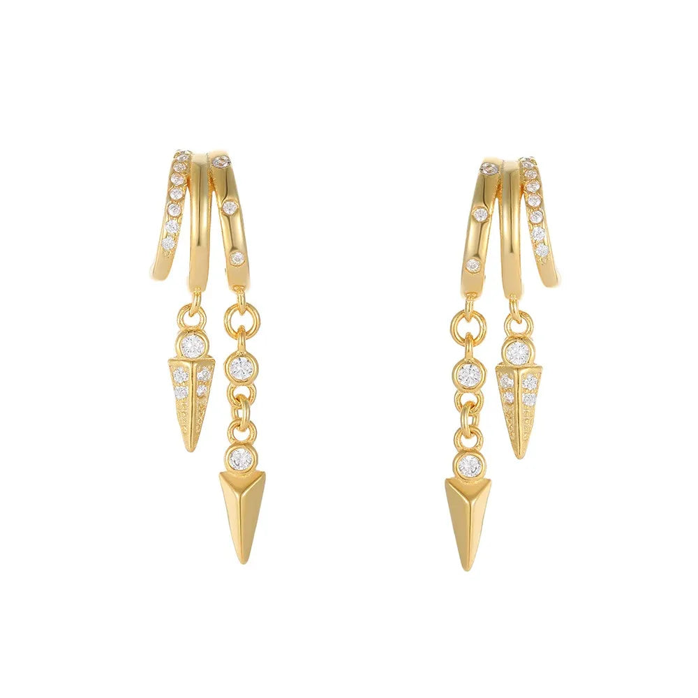 Studio shot of 18K gold plated S925 sterling silver earrings featuring a stacked hoop look and double chains with spike charms, isolated on white.