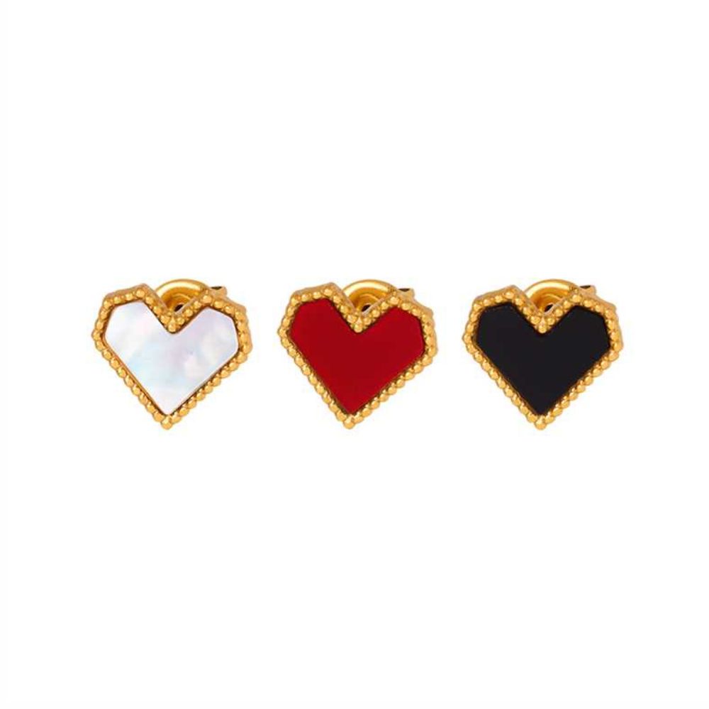 Set of three 18K gold PVD heart studs in white shell, red acrylic, and black acrylic with vintage beaded edges.