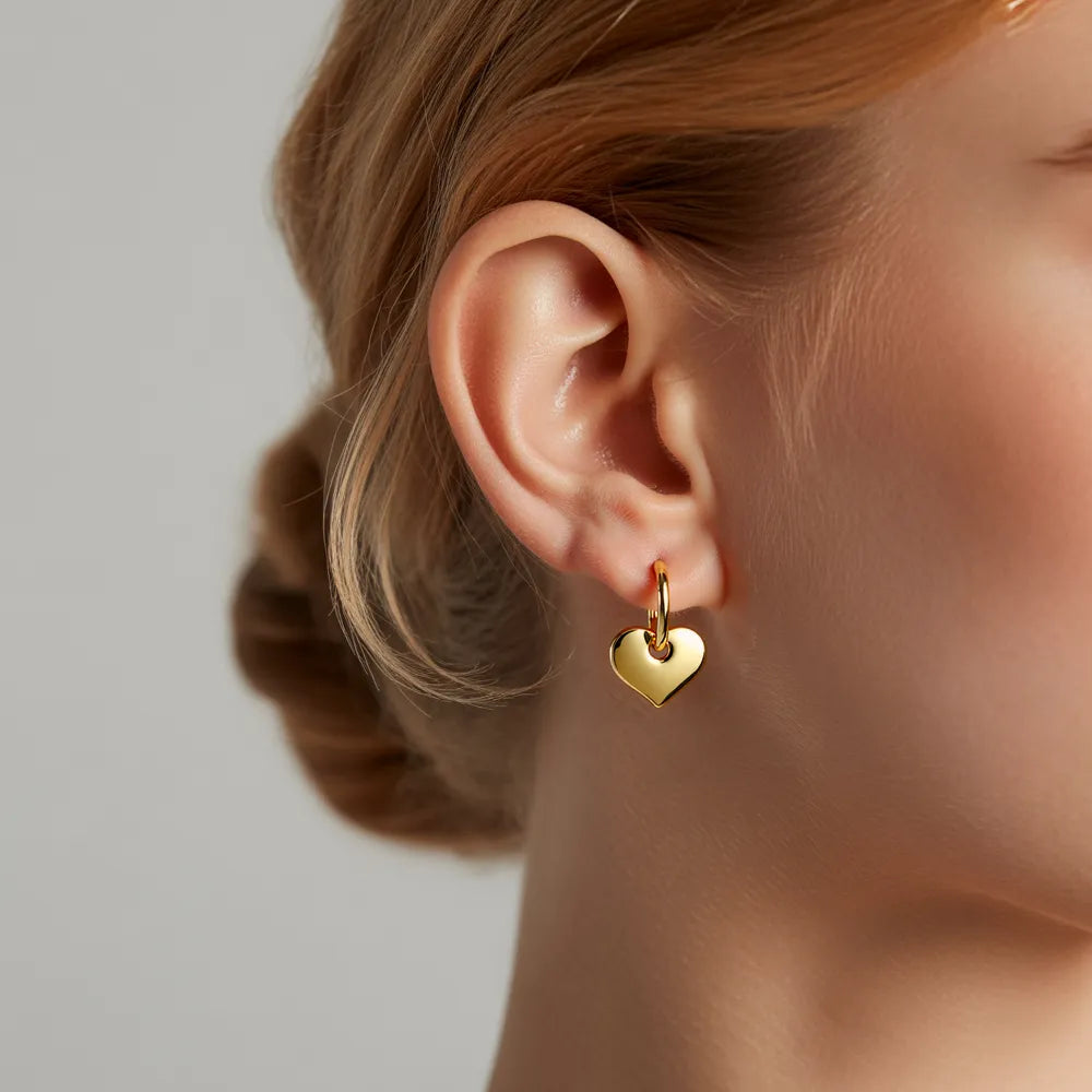 Gold Heart Charm Hoop Earrings