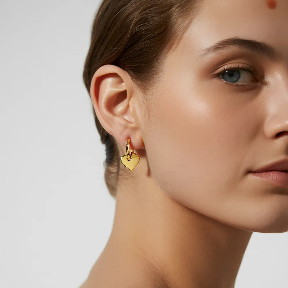 Gold Heart Charm Hoop Earrings