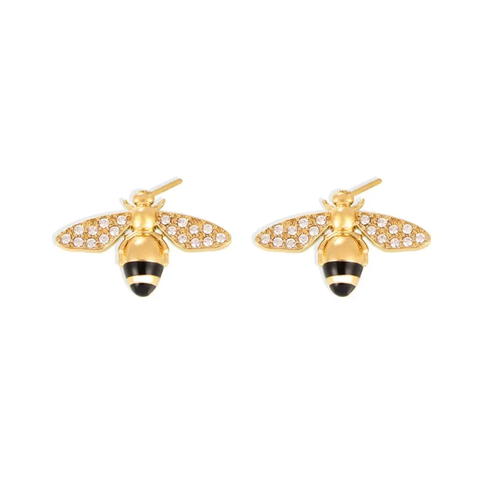 Pair of Apia Pavé Bee Stud Earrings in 18k gold with zirconia and black enamel.