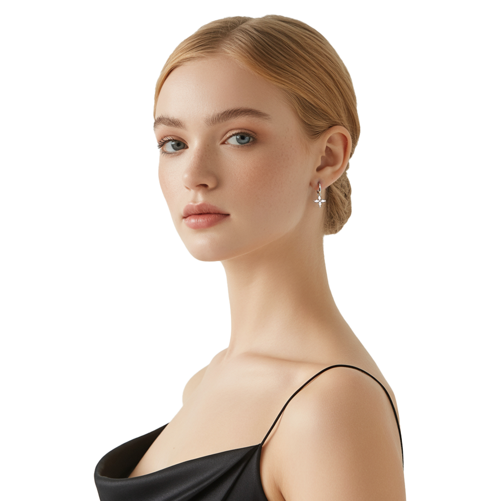 Model wearing the S925 sterling silver Celine Marquise Sparkle Hoops, emphasizing their delicate design.