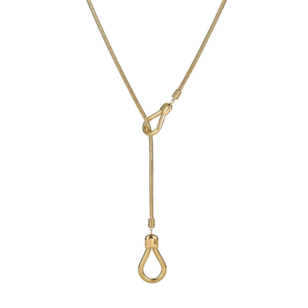 Cleo Adjustable Lariat Necklace in 18k gold plate featuring a snake chain and teardrop loops