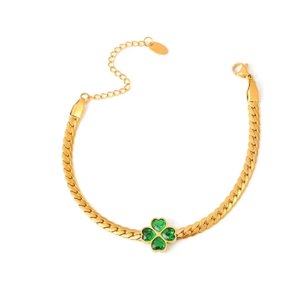 Clover Emerald Green Herringbone Bracelet on a white background.
