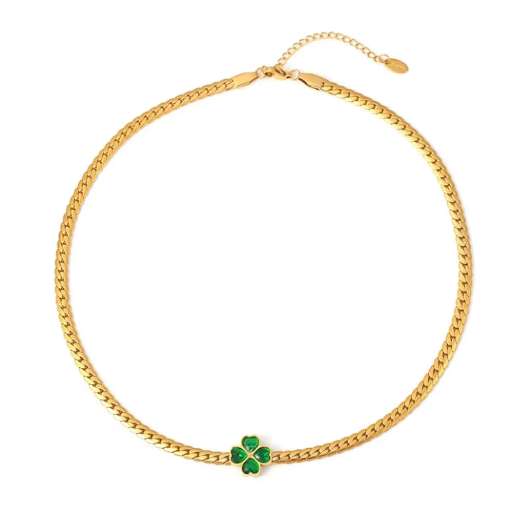 Clover Emerald Green Herringbone Necklace on a white background.