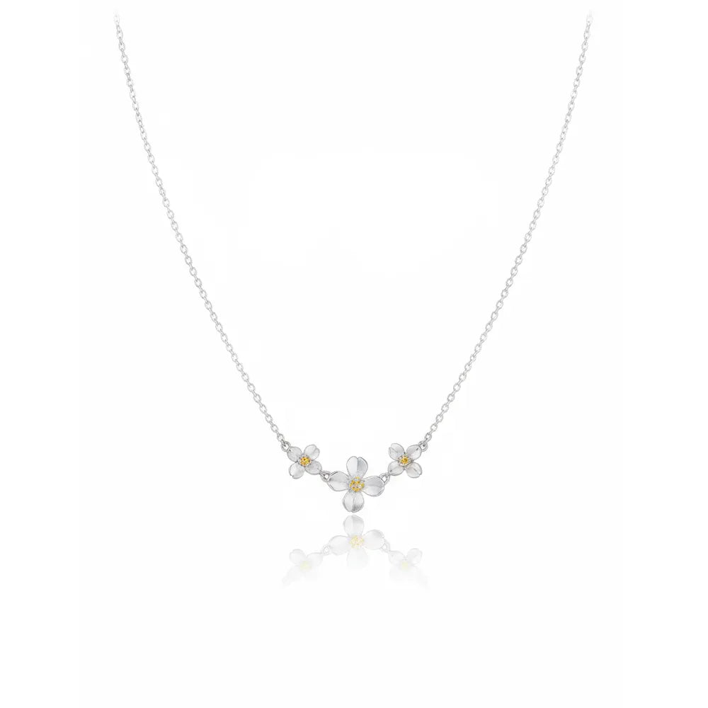 Gardenia Bloom S999 Silver Necklace with a three-flower cluster and gold-tone centers