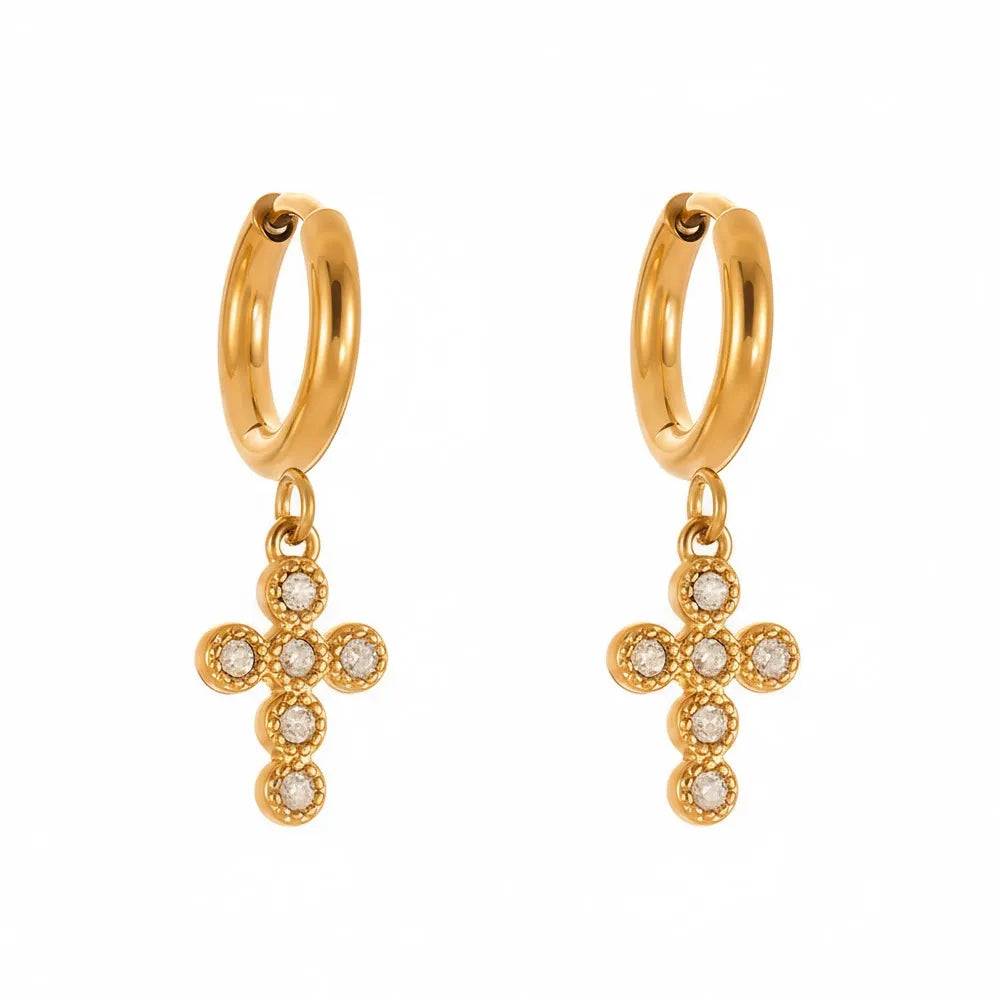 Pair of 18k gold plated hoop earrings with a dangling cross made of five round, bezel-set stones