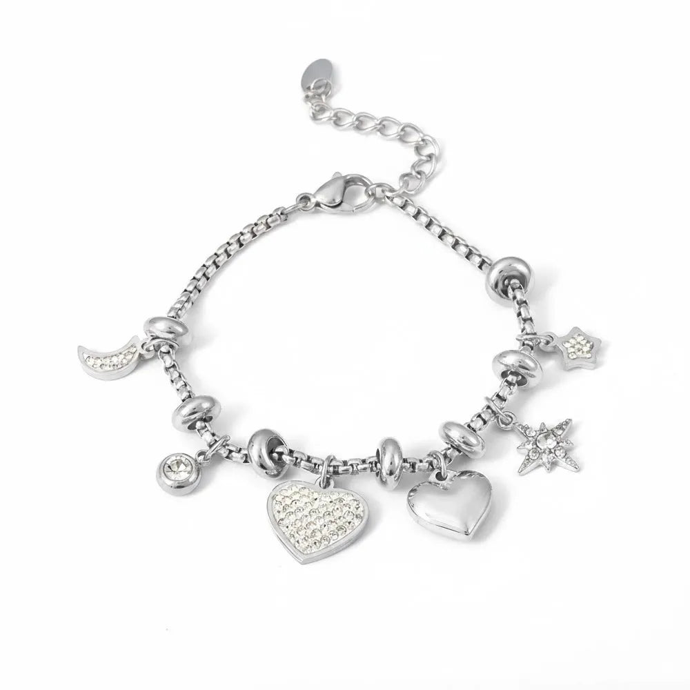 A product shot of the Lennox Pavé Heart Bracelet in a polished 316L stainless steel silver finish.