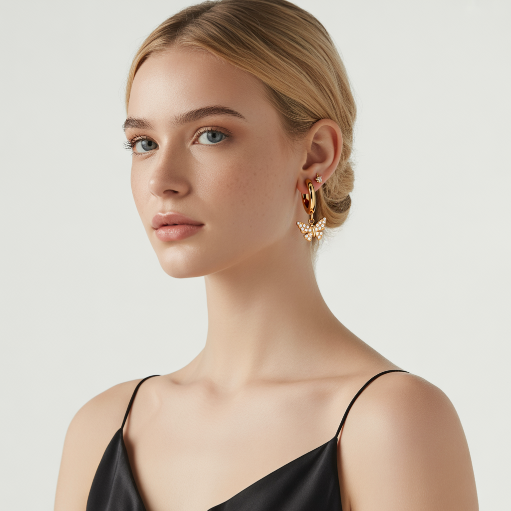 Model showcasing the elegant dangle of the 18k gold Mariposa Pavé Butterfly Huggies.