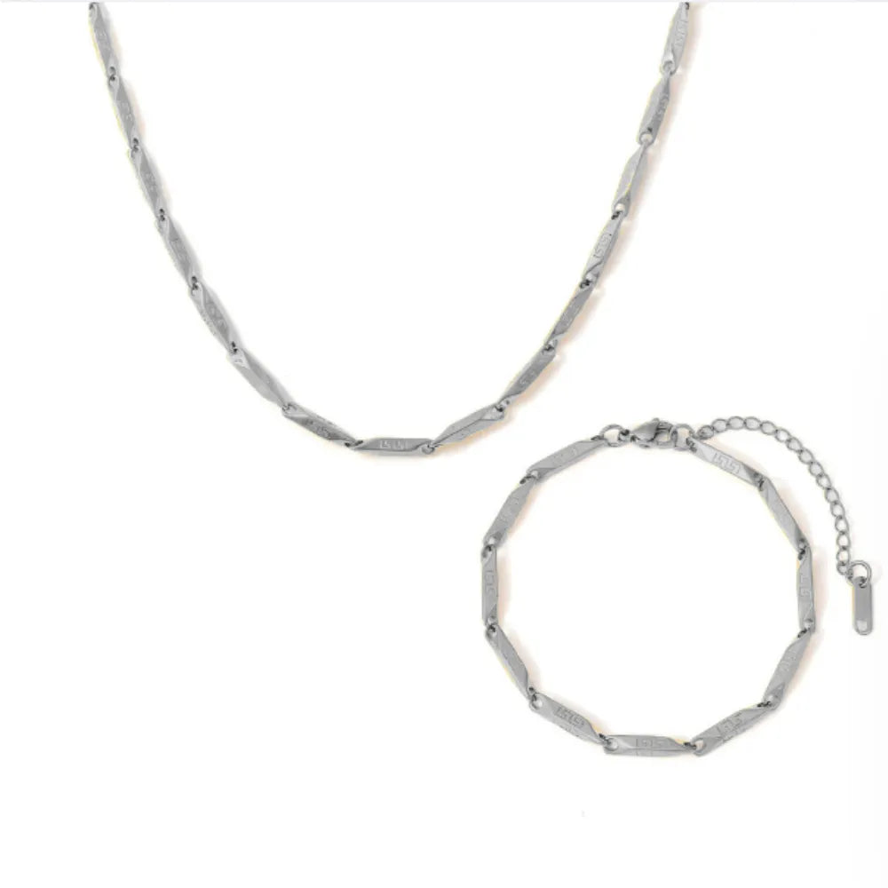 The Rhiannon Engraved Link Necklace and Bracelet Set in polished 316L stainless steel