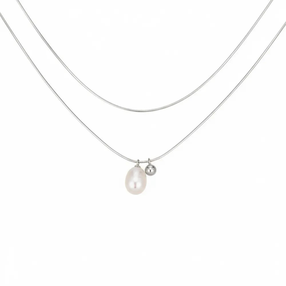 S925 sterling silver layered necklace with a genuine pearl and bead, on a clean white background.