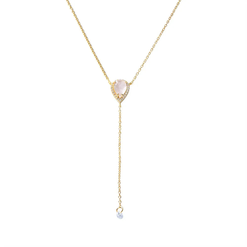 Front view of S925 sterling silver Y-necklace featuring a natural pear-shaped rose quartz and crystal halo