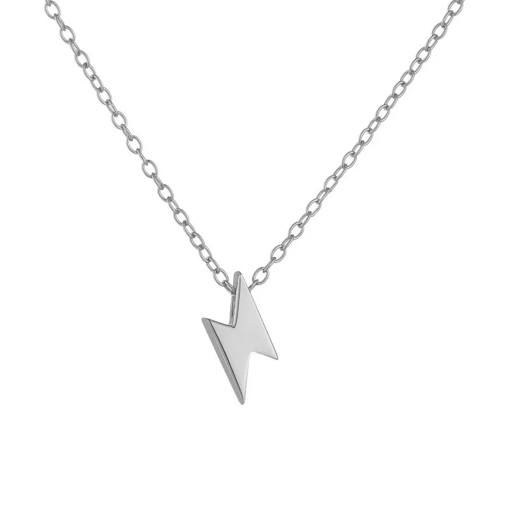 Classic S925 sterling silver minimalist lightning bolt necklace with high-polish finish on white background.