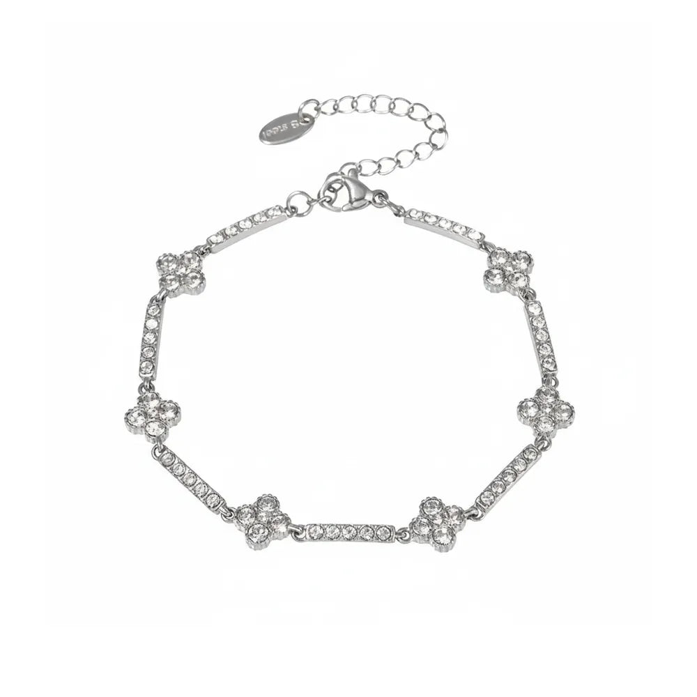 Silver 316L stainless steel bracelet set with clear cubic zirconia stones in a floral star pattern. Waterproof and tarnish-free
