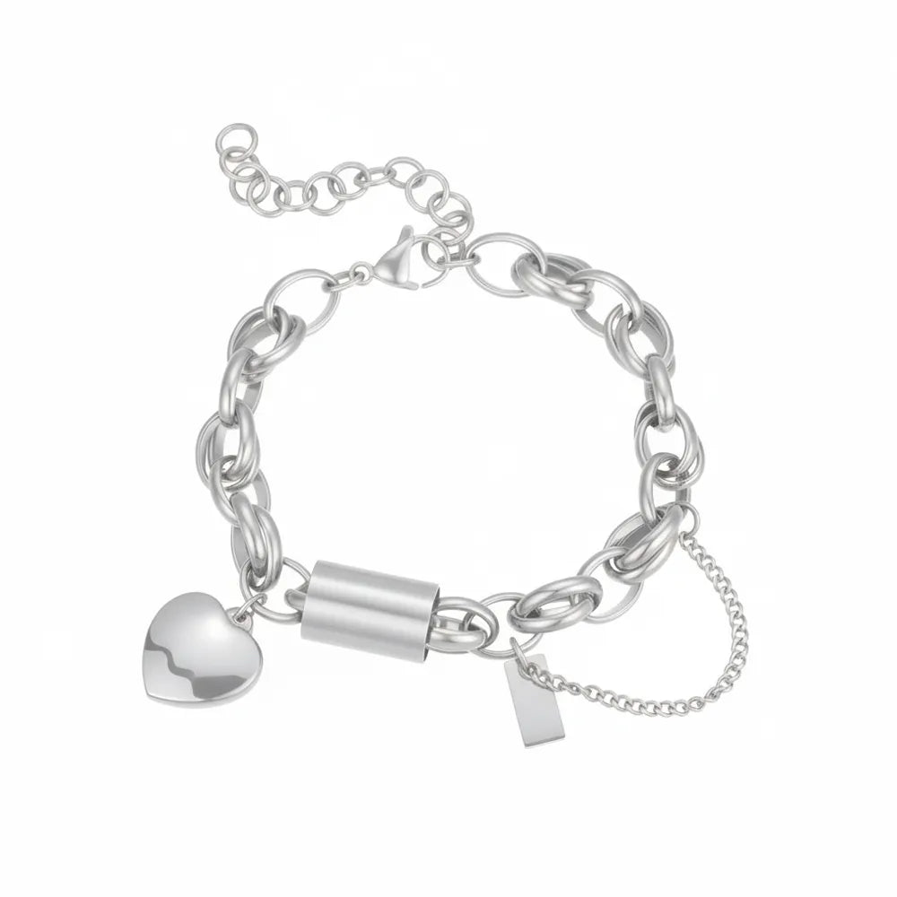 Silver stainless steel chain bracelet with a heart charm and rectangular tag detail, showing the lobster clasp and extender