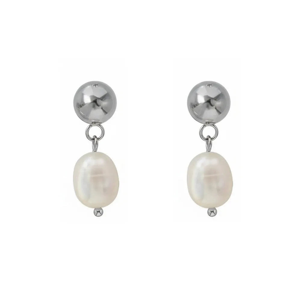 Silver 316L stainless steel drop earrings with lustrous white pearls. Hypoallergenic and tarnish-free jewelry