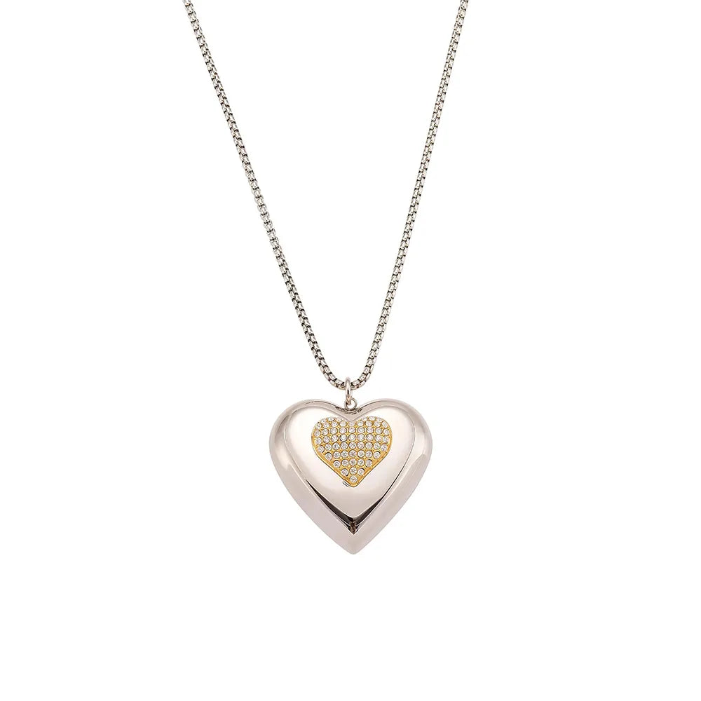 Silver-tone stainless steel puff heart necklace with a contrasting gold-tone pavé zirconia heart
