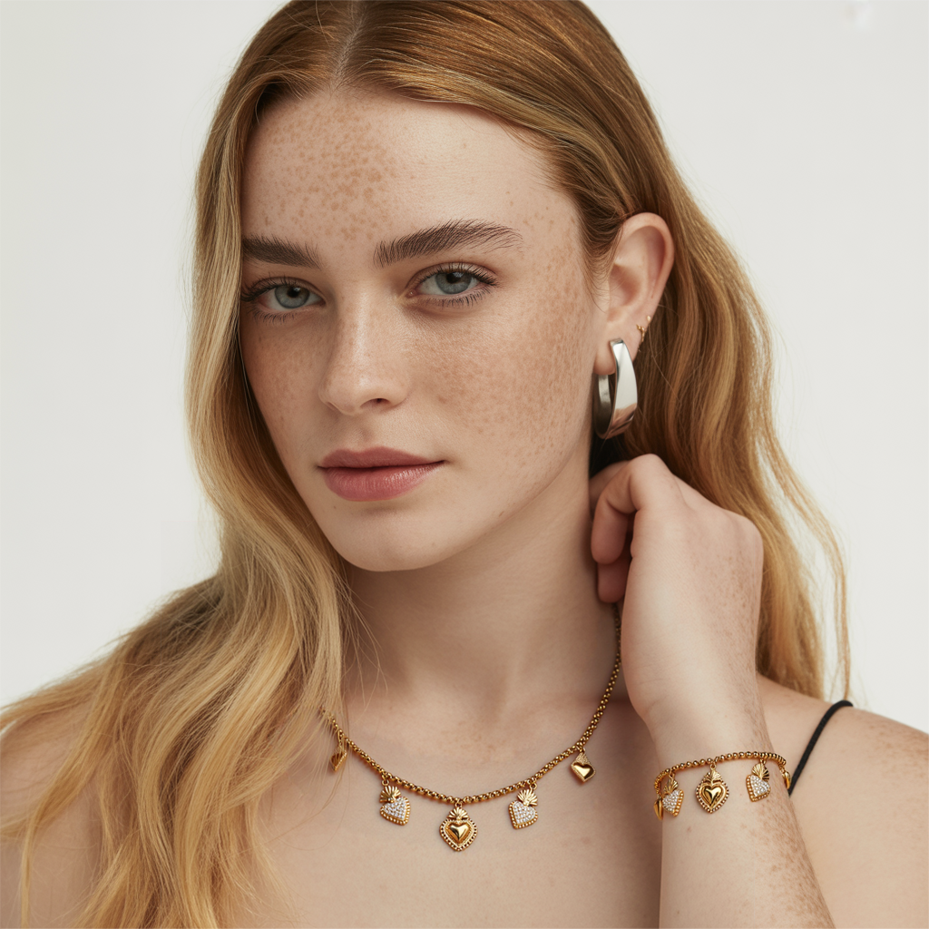 Model with red hair wearing the Corazón Sacred Heart Charm Set for a romantic, vintage look