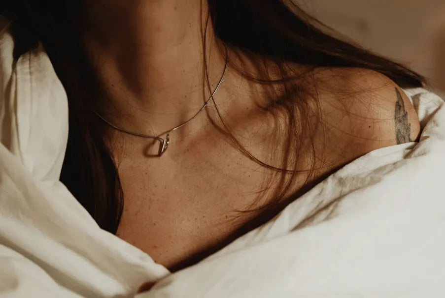 Image of a womans neck with a sterling silver necklace on