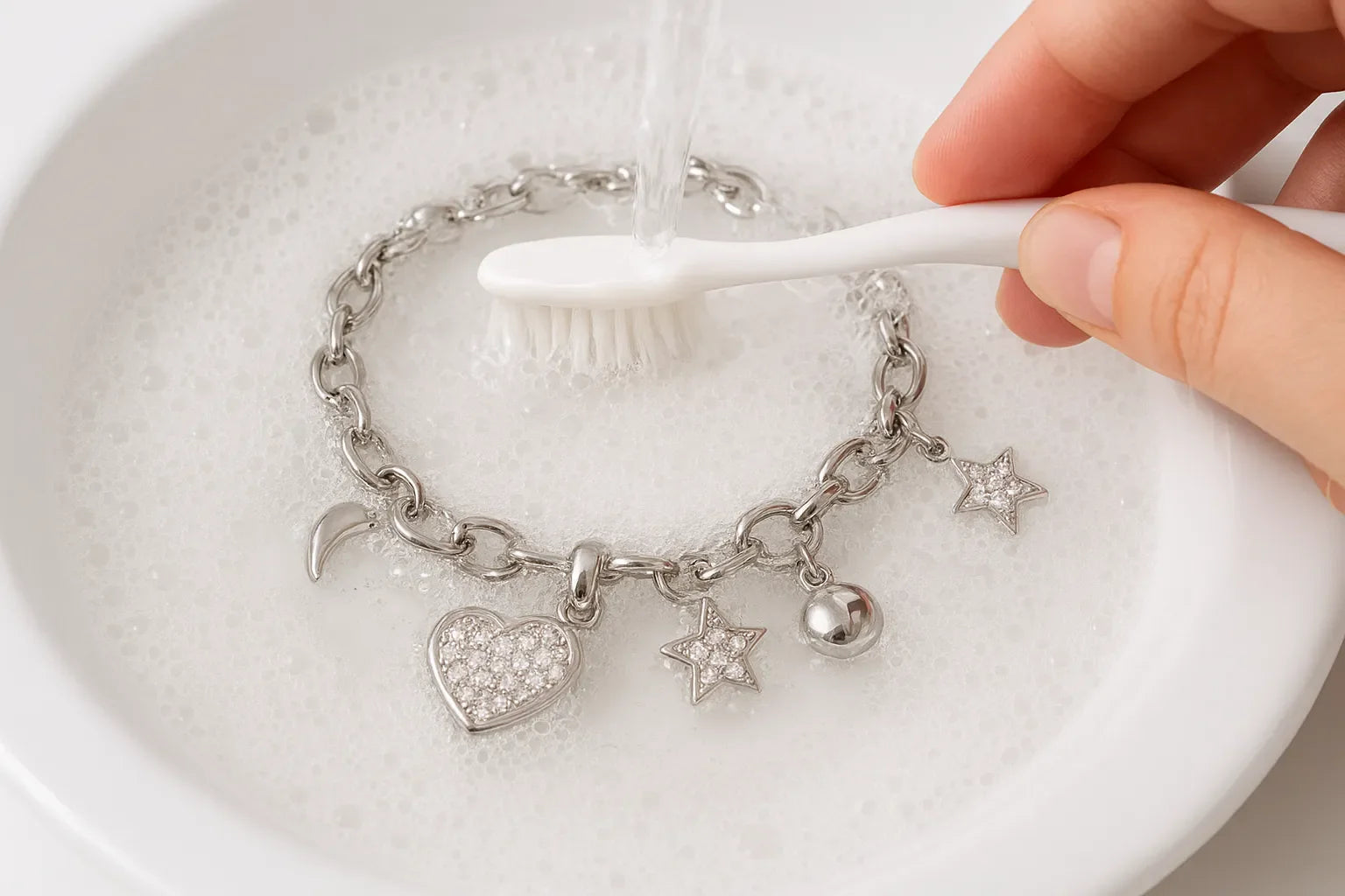 Close-up of a stainless steel charm bracelet with a pavé heart being gently scrubbed with a soft brush in a bowl of mild, soapy water.