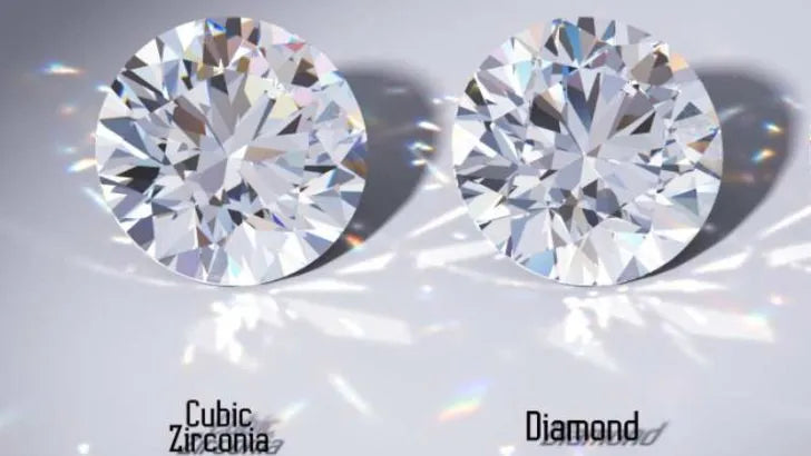 Close-up comparison of a dazzling cubic zirconia (left) and a diamond (right