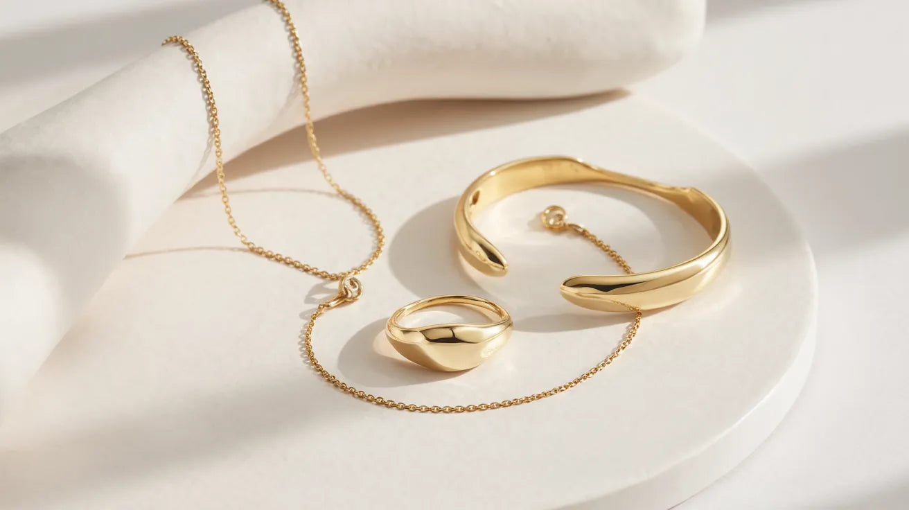 Editorial photography showing three seemingly identical minimalist gold chain necklaces on silk and stone, illustrating the visual similarities between gold plated, vermeil, and solid gold jewelry.