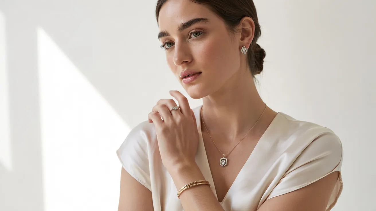 Model with fair cool skin undertones wearing silver gemstone earrings and a pendant necklace, demonstrating how silver jewelry brightens cool skin tones.