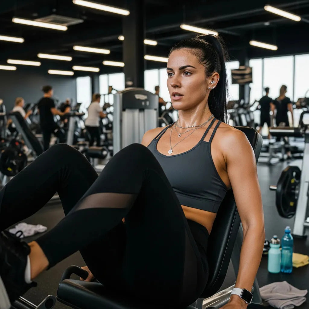 Fit woman using leg press machine at the gym wearing layered sweat-proof stainless steel necklaces and earrings.