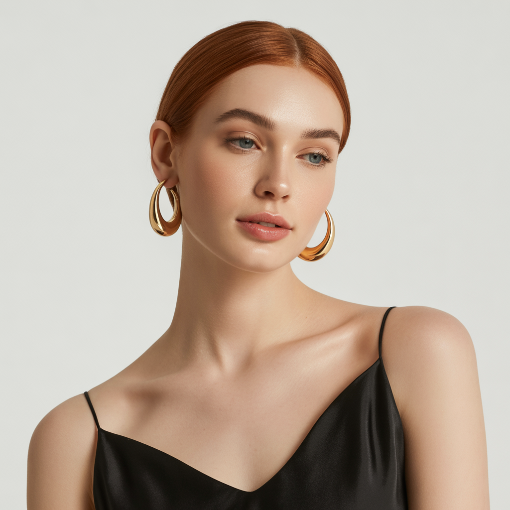 A model wearing a pair of the best selling earrings for women from GlamBodyCandy, showcasing a popular gold hoop style.