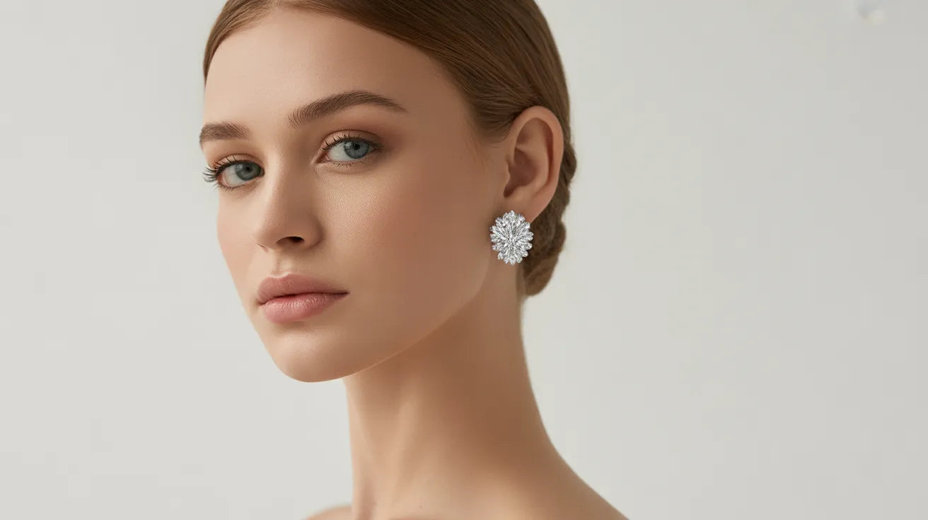Model showcasing a pair of sparkling Cubic Zirconia Earrings from the GlamBodyCandy CZ jewelry collection