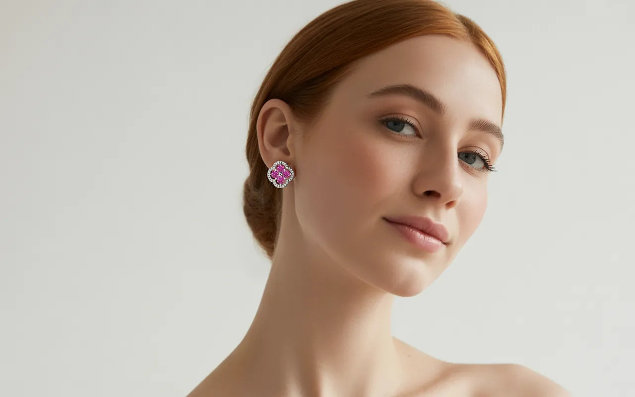 A close-up of a model wearing sparkling cubic zirconia stud earrings by GlamBodyCandy.