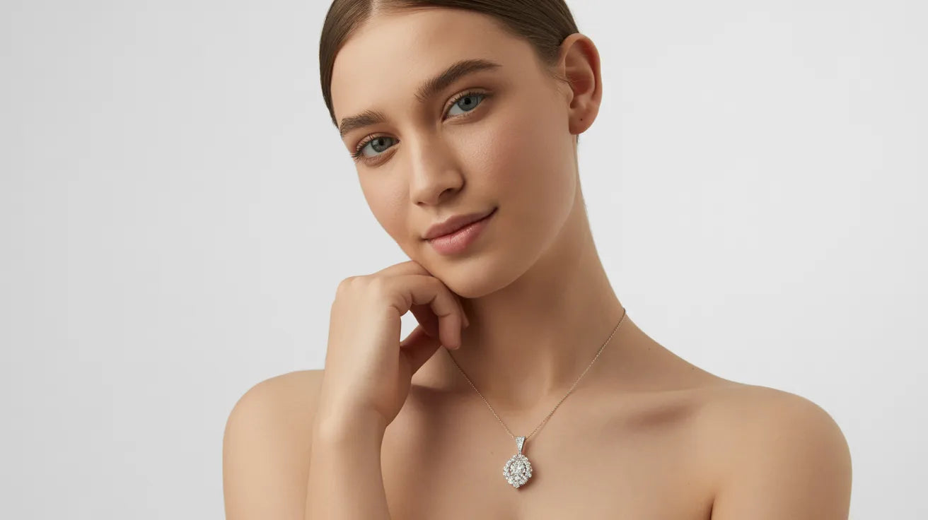 Model wearing a sparkling piece from our CZ Necklaces line, part of the GlamBodyCandy Zirconia Jewelry collection.