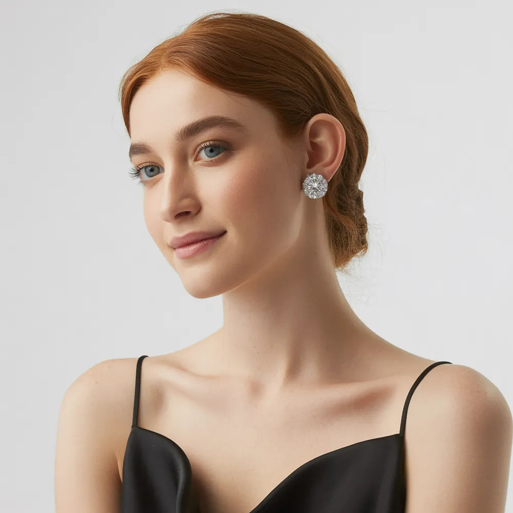 A pair of new sterling silver stud earrings with sparkling crystals, designed to be hypoallergenic and safe for sensitive ears