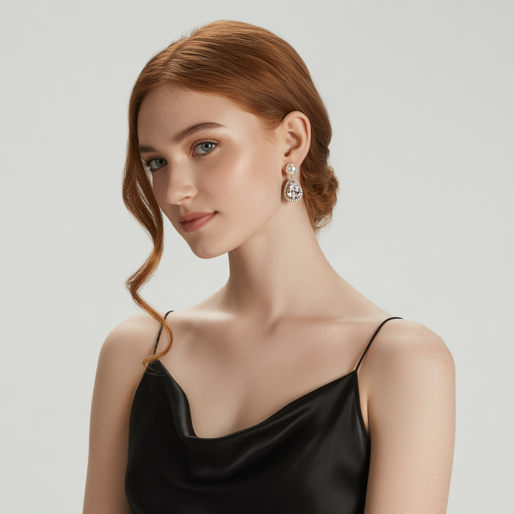 A model wearing a pair of classic 925 sterling silver earrings from the GlamBodyCandy silver jewelry collection.