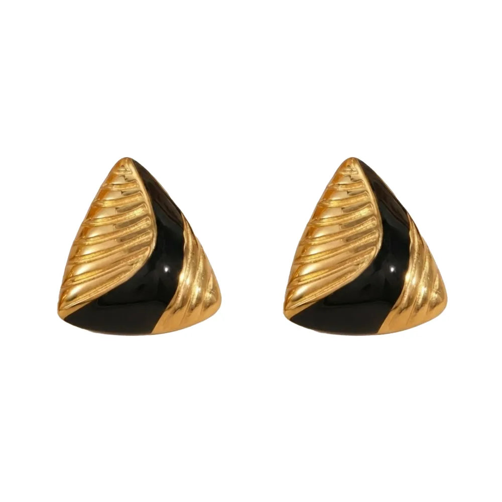 Pair of vintage-style triangular stud earrings featuring black enamel and textured gold ridges, isolated on a white background=01