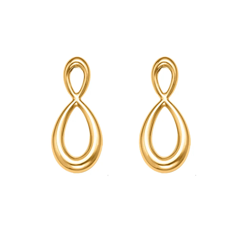 Studio shot of 18K gold plated stainless steel drop earrings featuring a twisted figure-8 infinity design, isolated on white