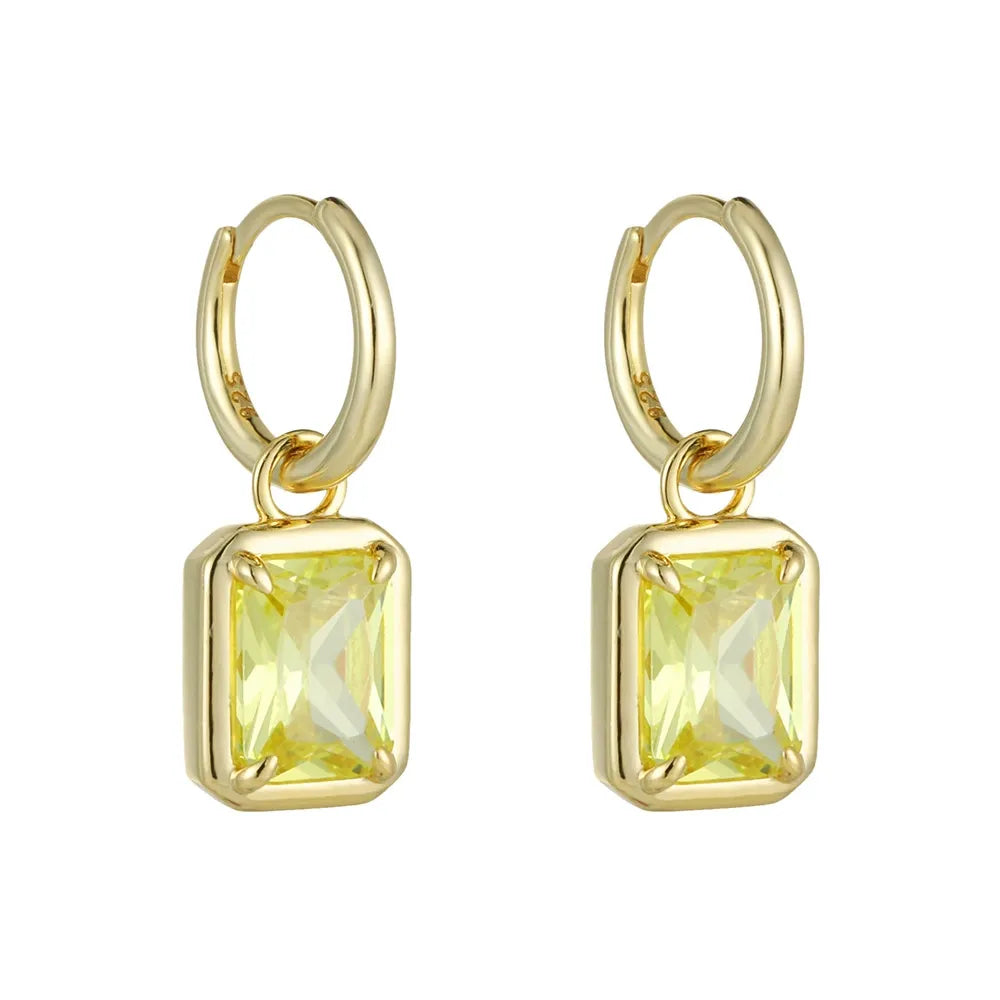 18K gold plated S925 silver huggie earrings featuring a bezel-set canary yellow rectangle zircon isolated on white