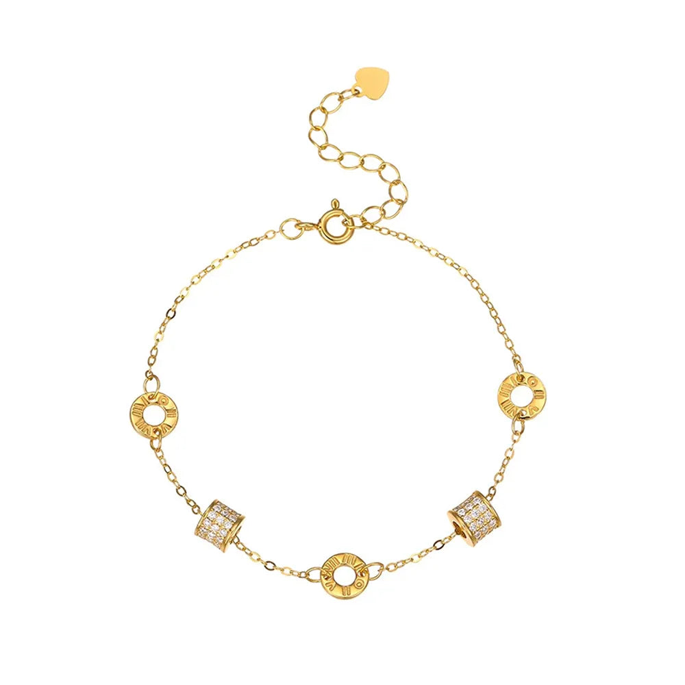 Front view of 18K gold plated bracelet featuring lucky transfer beads with roman numerals and zircons.