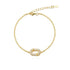 Front view of 18K gold plated S925 silver bracelet featuring an oval frame lined with micro pearls.