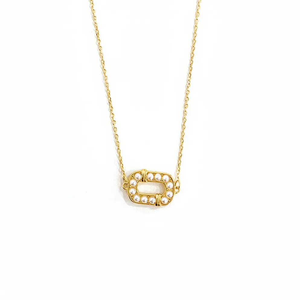 Front view of an 18K gold plated S925 sterling silver necklace featuring a geometric oval pendant lined with small white pearls on a white background.