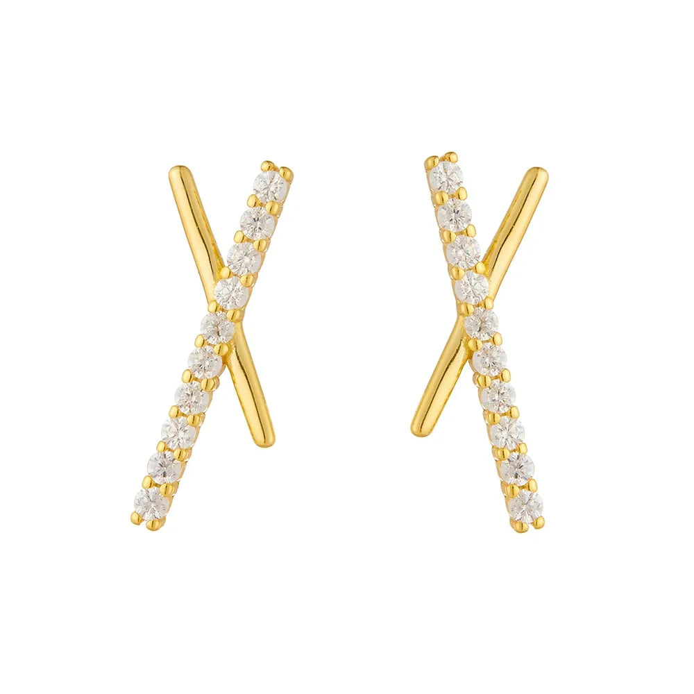 S925 sterling silver X shaped stud earrings plated in gold with cubic zirconia.