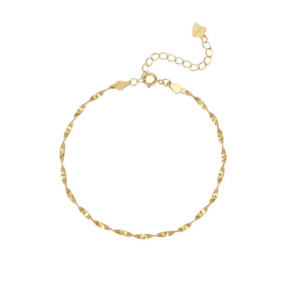 Studio shot of an 18K gold plated S925 sterling silver water wave chain bracelet, featuring a twisted shimmering design on a white background.