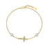 Front view of 18K gold plated S925 bracelet featuring a sideways cross and freshwater pearls.