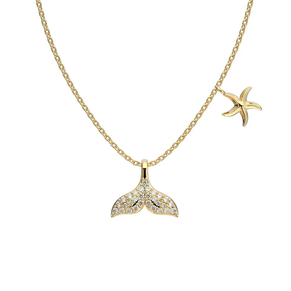 Front view of 18K gold plated necklace with a sparkling zirconia fishtail and asymmetrical starfish.