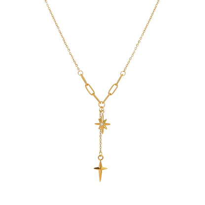 18K gold plated Y-necklace featuring an eight-pointed star and a sleek cross pendant on a chain link design, isolated on white