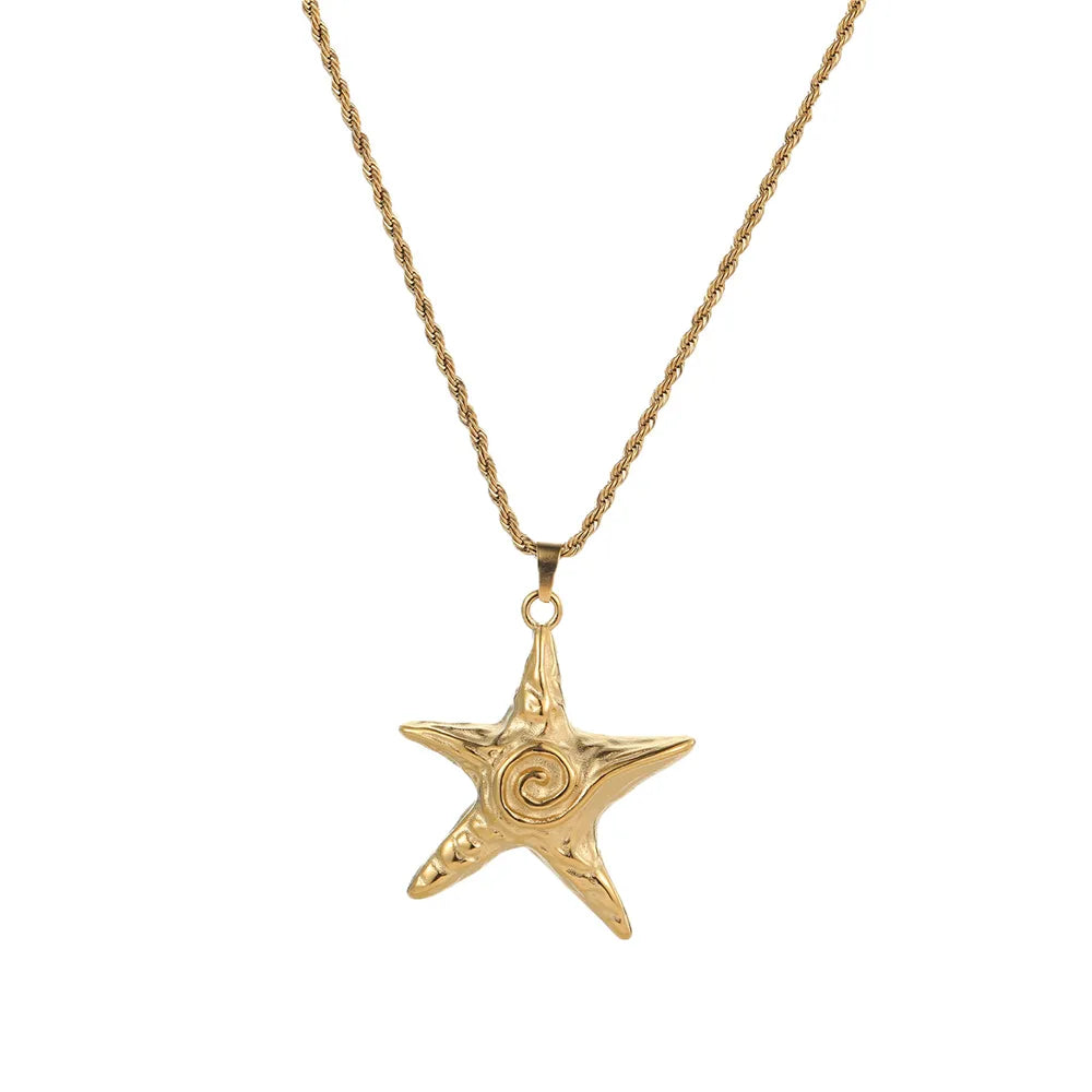 18K gold plated necklace featuring a textured starfish pendant suspended from a twisted rope chain, isolated on a white background.