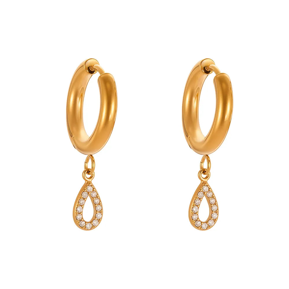 Pair of 18k gold hoop earrings with a dangling pavé-set zirconia teardrop charm.